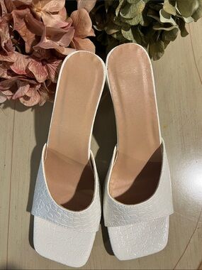 White Croc-Embossed Slide Heels - Women